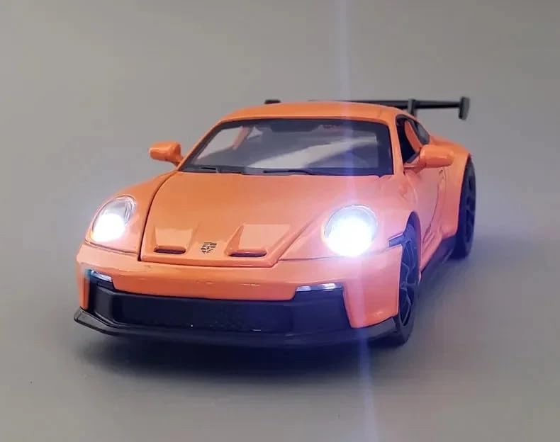 Image of 1:32 Porsche 911 GT3 Sport Car Model - Diecast Alloy Toy Vehicle with Pull Back Action, Sound, Light & Openable Doors, Hood & Trunk for Kids and Collectors (Orange)