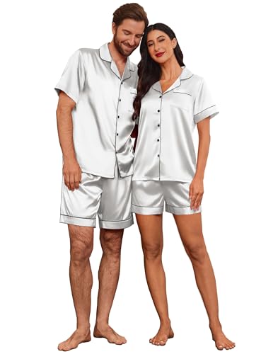Image of Ekouaer Couple Matching Pajamas Sets Silk Short Sleeve Button Down Sleepwear Satin Pjs Shorts Set Soft Loungewear S-XXL