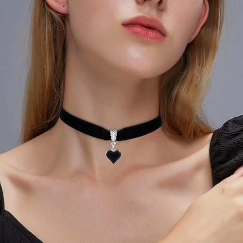 Telooco Gothic Halsband Damen Vintage Herz Trachtenkette Damen Verstellbare Samt Halskette mit Herzanhänger 90er Jahre Klassische Herz Halskette Valentinstag Halloween Schmuck (Schwarz Herz)
