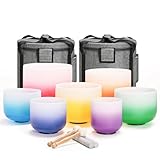 CVNC 432HZ 6-12 Inch Set of 7 PCS Aria Gradient Design Frosted Quartz Crystal Singing Bowls with 2 PCS Carry Case Bag for Sound Healing and Therapy Meditation