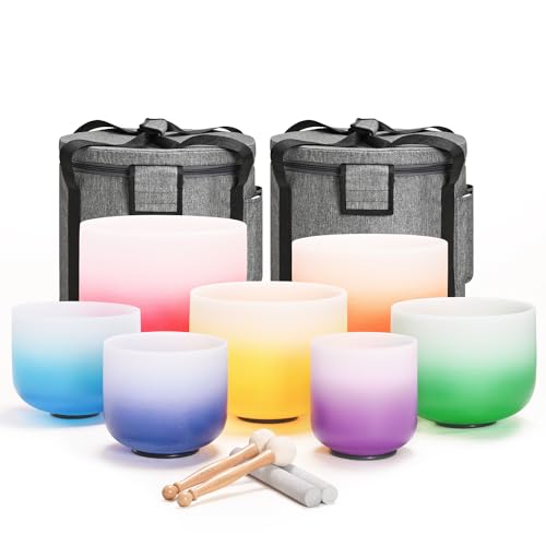 CVNC 432HZ 6-12 Inch Set of 7 PCS Aria Gradient Design Frosted Quartz Crystal Singing Bowls with 2 PCS Carry Case Bag for Sound Healing and Therapy Meditation
