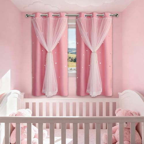Image of Pink Curtains Drapes Blackout 60 Inches Long Cute Star Cutout Nursery Decor | Girls Room Darkening Curtain Double Layer Tulle Lace Sheer 2 Panels Kids Thermal Insulated Bedroom Window Treatments Cortinas