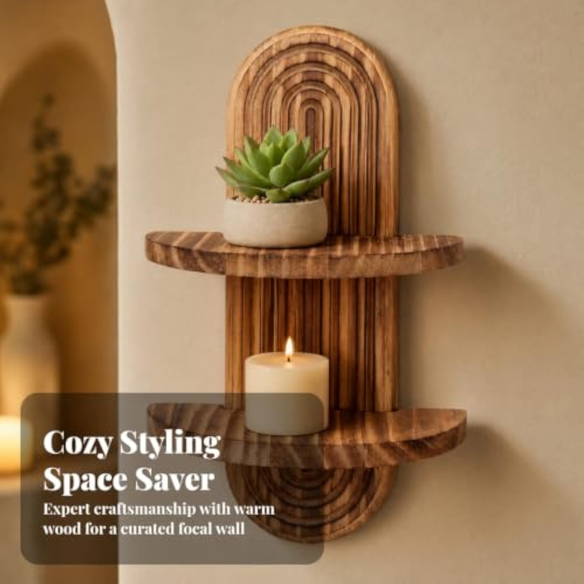 Wood Grain Lotus Silhouette Shelf with Leaf Detailing