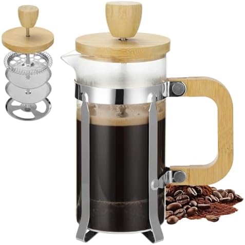 Toyosport French Press Coffee Maker, 12 oz Thick Borosilicate Glass Tea Brewing Pot with Stainless Steel Filter and Wood Handle, Coffee Press for Home Office Travel
