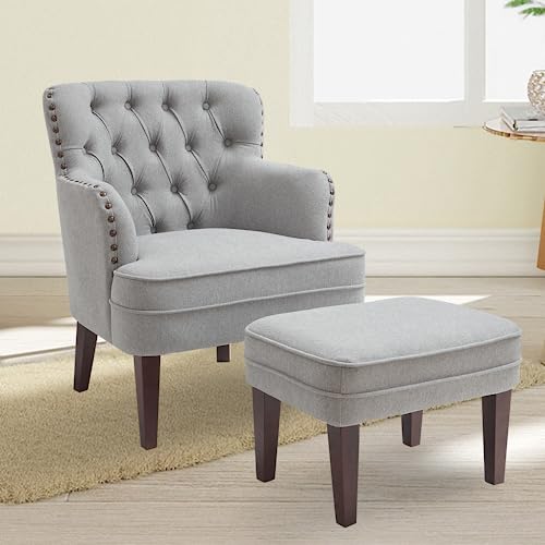 Accent Chair With Ottoman, Living Room Chair, Footrest Chair Set With Vintage Brass Studs, Button Tufted Upholstered Armchair For Living Room, Comfy Reading Chair For Bedroom, Reception Room (Grey) #TOP7
