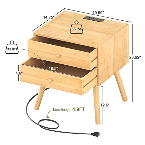 Homykic Large Nightstand With Charging Station, Bamboo Mid Century Modern Bedside Table With Usb Outlet And 2 Drawers, Real Wood Boho End Table Side Table For Bedroom, 19.7" W X 15.8" D, Natural #TOP2