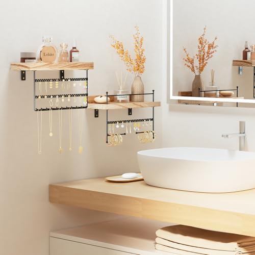 Lolalet Porte Bijoux Mural, Lot de 2, Organisateur Bijoux Suspendu, Porte Boucles d’Oreille Colliers Bracelets Bagues Parfum, Présentoir Bijoux Mural en Bois Naturel -Noir – vue 3