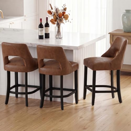 Image of UVV Bar Stools Set of 2, Modern Upholstered Counter Height Bar Stools, Faux Leather Counter Stools BarStools with Wood Legs for Kitchen Island Dining Room Bar, Brown