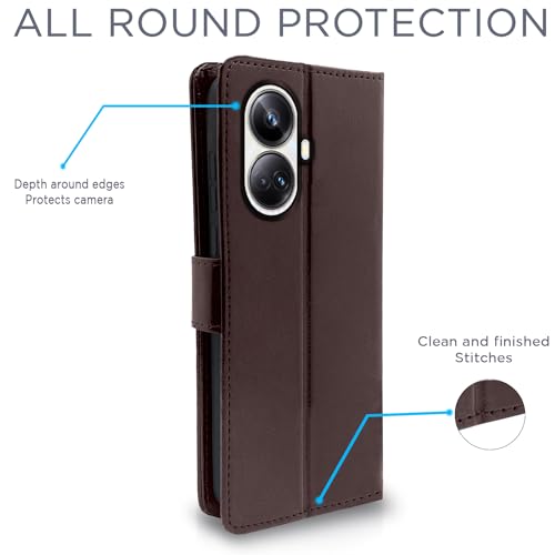 Image of Pikkme Realme 10 Pro Plus 5G Flip Cover Leather Finish | Inside TPU with Card Pockets | Wallet Stand and Shock Proof | Complete Protection Flip Case (Coffee)