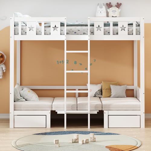 Platzsparendes Etagenbett für Kinder, Hochbett mit Flexibler Tisch und Holzsofa, Kinderbett mit Treppe und 2 Schubladen, 90x200cm Funktionsbett Stockbett Hochbett Jugendhochbett, Weiß, Ohne Matratze