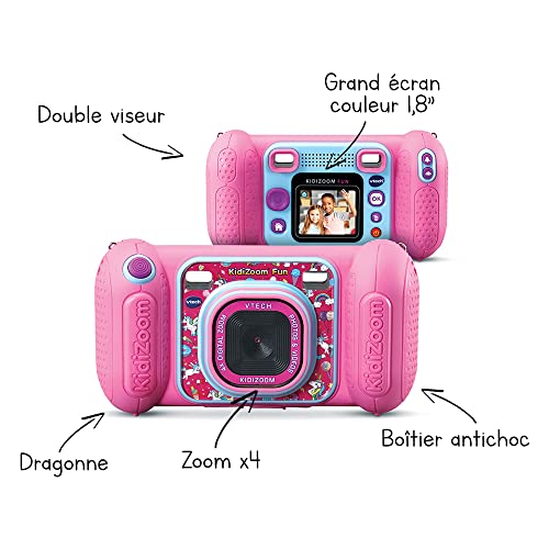 VTech - KidiZoom Fun Rose, Appareil Photo Numérique Enfant 9 en 1, Photos et Vidéos, Écran Couleur, Filtres, Cadres et Effets Rigolos, Cadeau Enfant de 3 Ans à 10 Ans - Contenu en Français