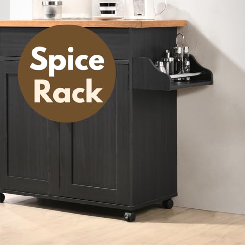 image for Hodedah Rolling Wood Kitchen Island Cart with Spice Rack, Towel Rack, 