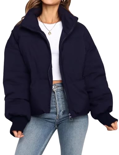 Gihuo Women’s Winter Cropped Puffer Jacket Coat Short Warm Quilted Jacket (US, Alpha, Medium, Regular, Regular, Navy)