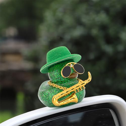 wonuu Car Decoration Saxophone Rubber Ducks, Dashboard Decor Duck Car Ornaments with Mini Top Hat Necklace Sunglasses, Dark Green - Thumbnail 3