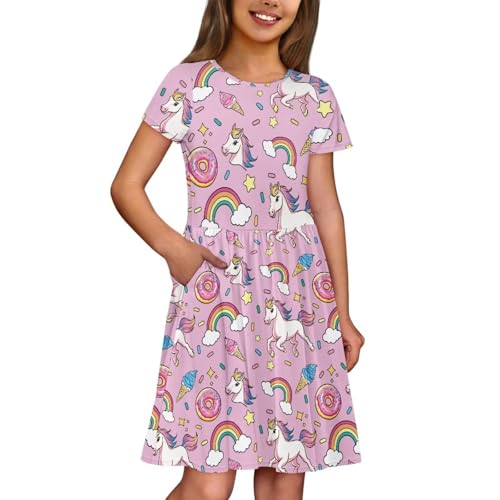 Image of Girls Dress with Pockets Basic Short Sleeve High Waist Swing Skater Dress School Party Dress for Kids