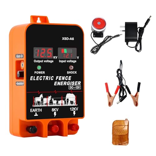 Electric Fence Energiser, 3.5 Joules 6.2 Miles,Input 12V Output 8 KV or 12KV, with Remote Control, High Voltage Pulse Controller for Livestock,Large Animals,Horse,Keep Out Predators (With Alarm)