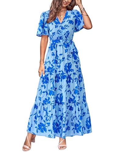 MASCOMODA Womens Summer Swiss Dot Maxi Dressses Wrap V Neck Flutter Short Sleeve Boho Casual Flowy Long Wedding Guest Dress
