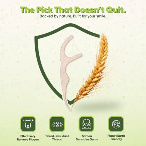Image of Dental Floss Picks - Straw Wheat Handle Flossers | Thin & Shred-Resistant Thread for Tight Gaps | Flossers for Adults | Gentle on Gums & Teeth | Gluten-Free & Vegan (100 Pack, Mint)