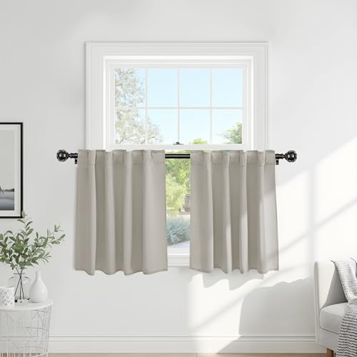 PONY DANCE Short Black Out Curtain Panels for Basement, Small Curtains for Bathroom, Thermal Insulated Tiers for Basement, 34x30 Inch, Cream, 2 Panels