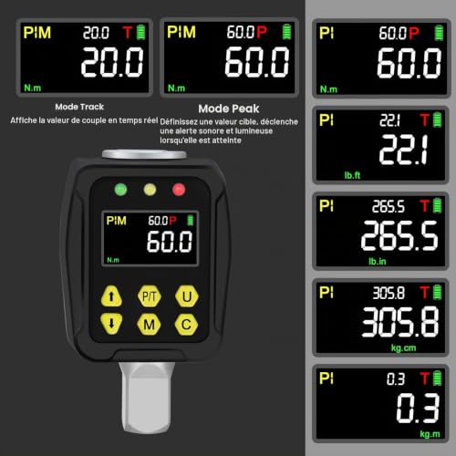 Uharbour Adaptateur de Couple Numérique 1/2 Pouce 3-60 Nm, Clé Dynamométrique Numérique avec Écran LCD, Mode PEAK/TRACK, Buzzer et Indicateur LED, Précision d'Erreur ±2%, pour Voiture, Vélo, Moto – vue 6