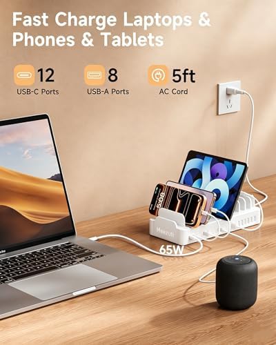 20-Port 600W Moezuti Charging Station for Multiple Devices with 10 Cables | GaN5 Dual 65W Multi-device Charging Dock , Fast Charger Station for Laptop Macbooks iPhone Samsung Galaxy Android Tablet