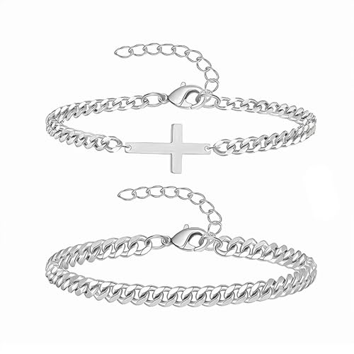 XFSRG Armband Herren 316L Edelstahl Armbänder 2 Stück Set Kreuz Klassische Panzerkette Robust Stilvoll Vintage Streetwear Schmuck Geschenk für Männer