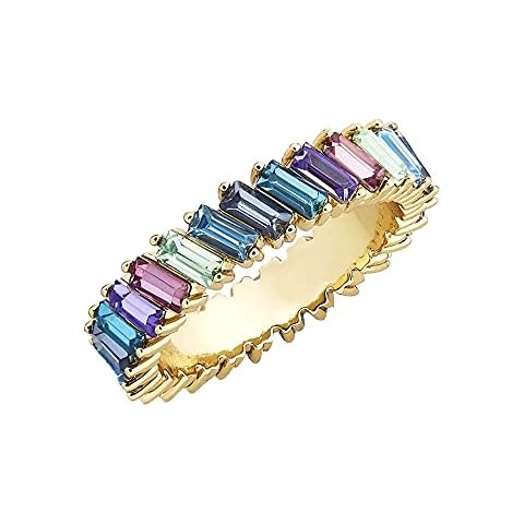 HSQYJ Rainbow Baguette Band Ring Eternity Band Cubic Zirconia Ring Gold Plated Fashion Luxury Jewelry Crystal Cocktail Rings for Women Gift Cover