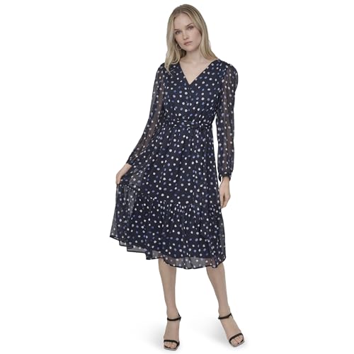 Image of DKNY Women's Long Sleeve V-Neck Tie Waist Midi Dress