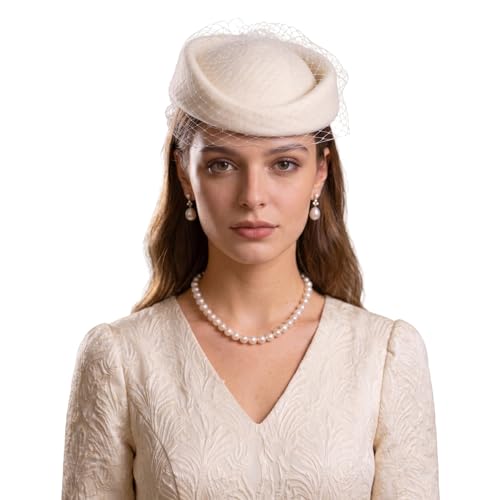 Boina Vintage de Fieltro para Mujer Talla M Blanco