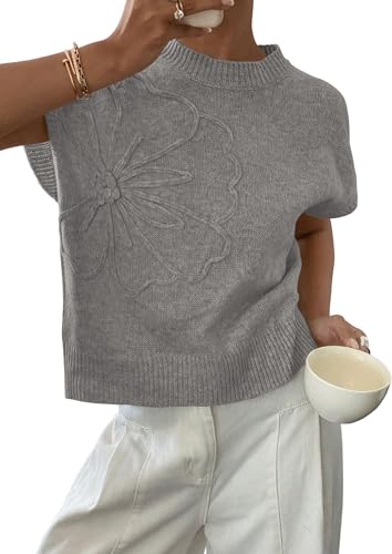 PRETTYGARDEN Women's 2026 Spring Sweater Vest Trendy Flower Knit Short Sleeve Cute Pullover Tank Tops Summer Fashion Clothing (Grey,Medium)