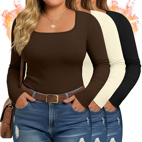 Evervibe 3 Pack Women's Plus Size Thermal Shirts Fleece Lined Long Sleeve Square Neck Slim Tops Underwear Base Layer Winter(Black, Dark Brown, Cream,XX-Large)