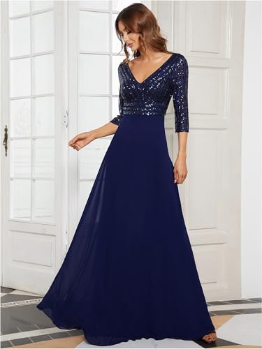 Ever-Pretty Women's V-Neck Long Sleeve Sequin A-line Wedding Bridesmaid Dress Navy US6