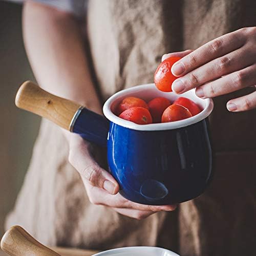 Enamel Milk Pan, Mini Butter Warmer 10cm Enamelware Saucepan Pan Cookware with Wooden Handle, Perfect Size for Heating Smaller Liquid portions. (Blue)