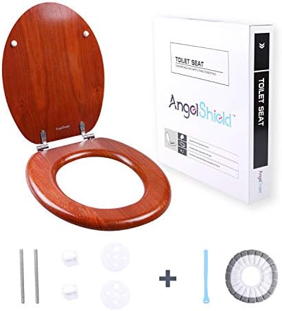 Angel Shield Antibacterial Wooden Toilet Seat Adjustable Hinges Toilet Seat Never Slips for Bathroom, 45 x 37 x 5.2 cm (Brown red)