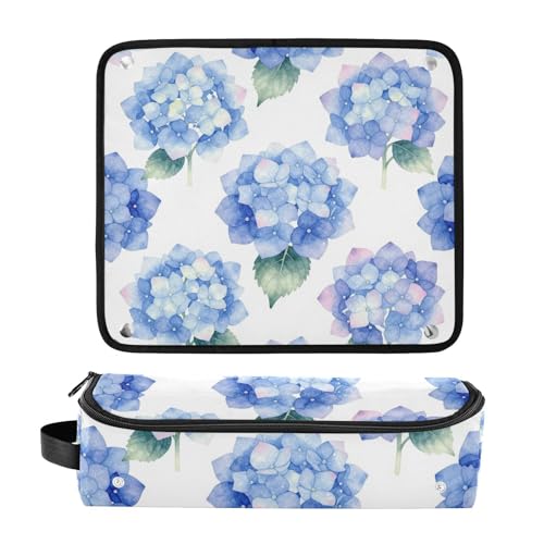 Bolsa de viaje para herramientas de cabello con tapete resistente al calor, grande para planchas y rizadores. Diseño acuarela floral azul hortensias, portátil para accesorios esenciales miniatura 3
