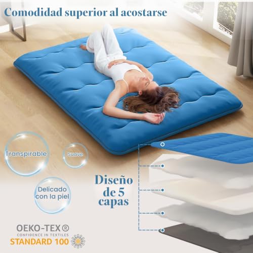 Miniatura 6 de Lifezeal Futón Japonés 90 140 X 200 Cm, Colchón Cama Individual Doble, Futón Tatami Plegable Y Portátil Con Bolsa De Transporte, Desenfundable Y Lavable A Máquina Azul, 140 X 200 Cm