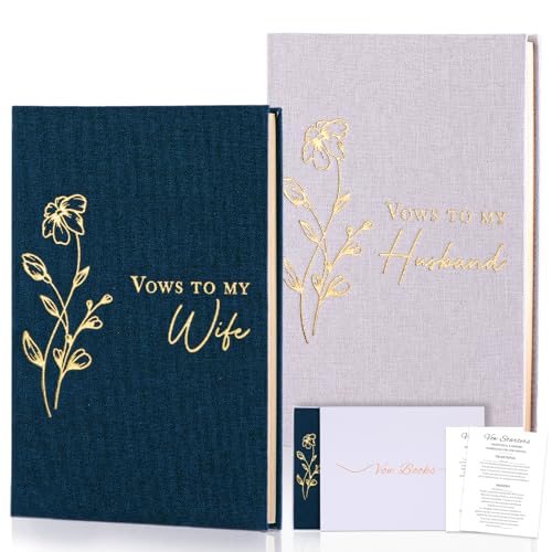 XKDOUS 2 Pcs Elegant Wedding Vow Books with Vow Starter Cards, Lined Pages, Linen Hardcover His & Hers Wedding Gifts Keepsake Book Bride and Groom Notebook for Ceremony Vows