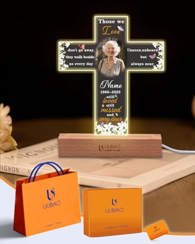 UUBAO Personalized Photo Memorial Gifts Custom Picture Frame with Night Light Sympathy Bereavement Gift for Loss of Loved One Dad Mom Family Friend(Cross-Square Base)