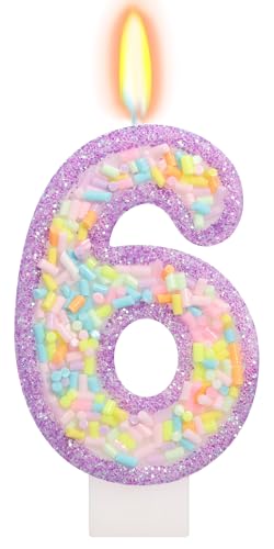 ElekFX Number 6 Birthday Candle with Sprinkles Pastel Purple Unicorn Rainbow Cake Topper Sweet Candyland Party Decorations for Girl Boy 6th Birthday
