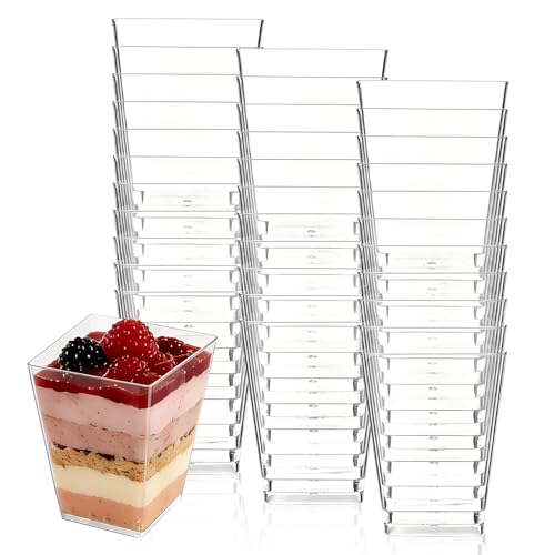 TAOBWN Mini Dessert Cups 50 Pcs Square Cheesecake Pots 8oz/240ml Square Plastic Mini Dessert Cups Plastic Dessert Pots for Parfaits Puddings Mousses Tiramisu Appetizers(Transparent)
