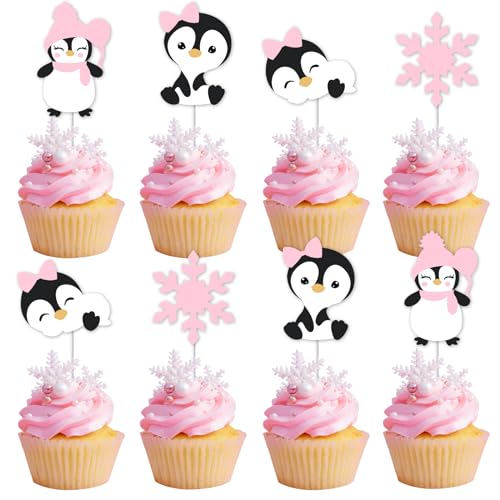 Kreatwow Winter Penguin Party Decoration for Girls 24 PCS Penguins Cake Toppers Pink Penguin Birthday Decors Penguins Baby Shower Decor Winter Onederland Supplies Arctic Animal Birthday Party Supplies