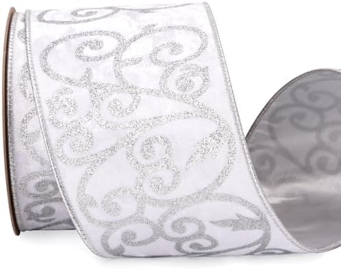 Ribbli White Velvet Ribbon Wired with Glitter Swirl 4 Inch Christ...