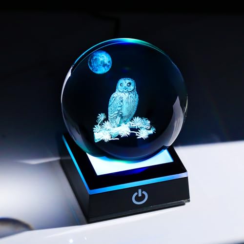 Image of Arikyrist 3D Owl Crystal Ball Figurine with LED Base Laser Owl Gifts for Men Women Owl Lovers on Christmas Birthday Decorative Owl Statue Ball Glass Animals Globe Night Light for Home Decor (80mm)