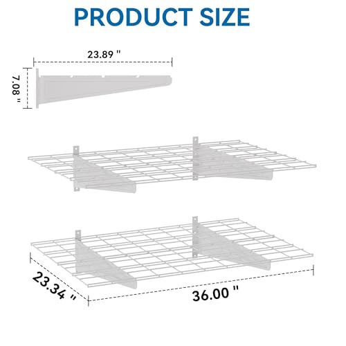 STORKING 2-Pack 2x3ft Garage Wall Shelving, 24"x36" Shelf Storage Rack Floating Shelves Wall Mounted, Heavy Duty Storage Shelves, 800lbs Load Capacity, with 16 Hooks for Garage Organization, White by STORKING - Image 2