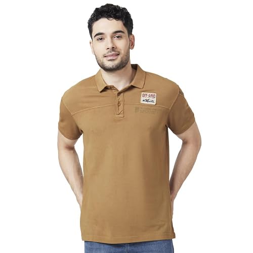 Spykar Men Khaki Cotton Slim Fit Half Sleeve Polo Neck Plain Tshirt