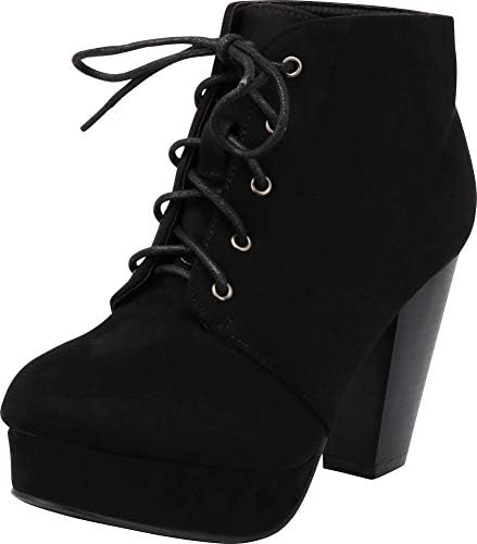 Forever Camille-86 Women's Comfort Stacked Chunky Heel Lace Up Ankle Booties,Black,6.5