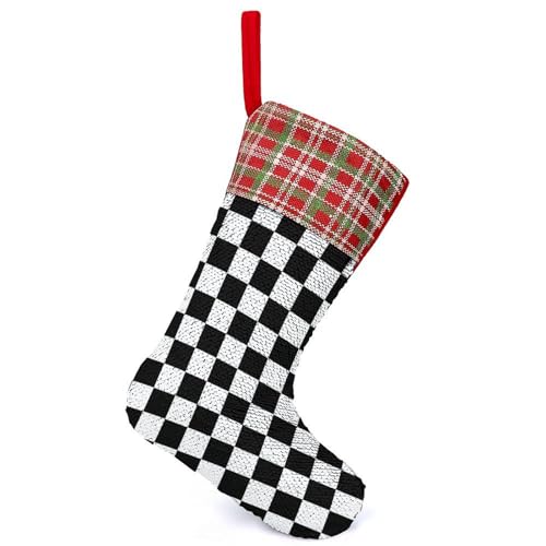 EOQIFJM Race Checkerboard Checkered Black And White Christmas Socks with Sequins, Holiday Decorative Socks Red-Race Checkerboard Checkered Black And White