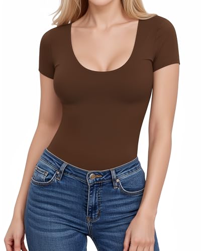 ALGALAROUND Dames T-shirt Korte Mouwen Shirt U-hals Basic Top Elegant Y2K Bovenstuk Shirts Slim Fit T-shirt Stretch Zomer Tops 2025 Outfits, bruin, M