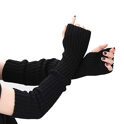Guantes largos sin dedos de punto negro con agujero para pulgar talla única para invierno