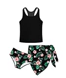 Kids4ever Girls Black Swimming Costume 3PCs Separates Kids Tankini Swimsuit with Floral Cover Up Hawaii Summer Bikini Swimwear for Teens 13-14 Years